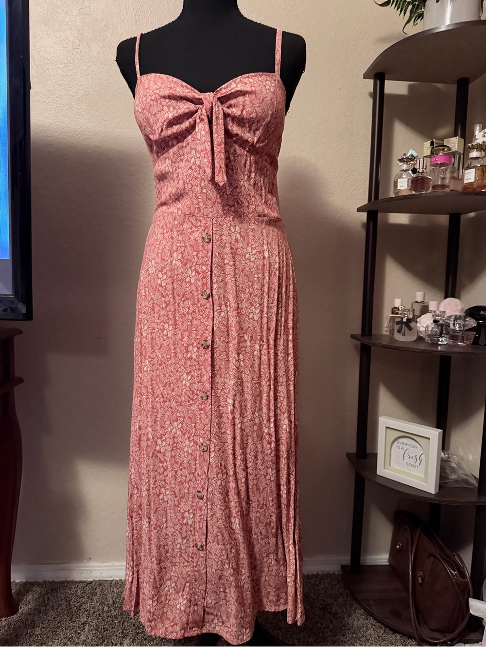 Women's Pink Tie-Front Button Maxi Dress